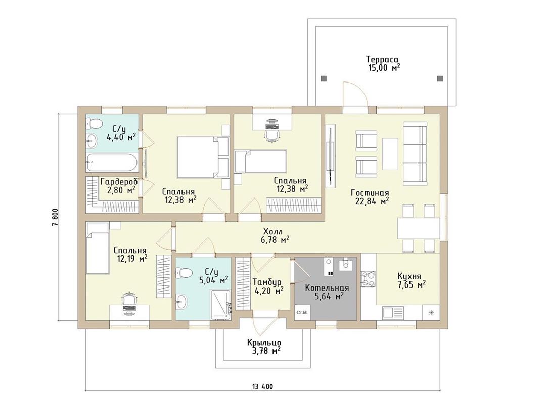 Планировка одноэтажного дома с 3 спальнями и 2 санузлами